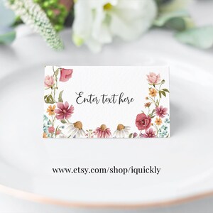 Etiqueta de comida para chá de bebê Baby in Bloom, cartão de lugar editável Buffe Wildflower, modelo para impressão, jardim de tendas, digital