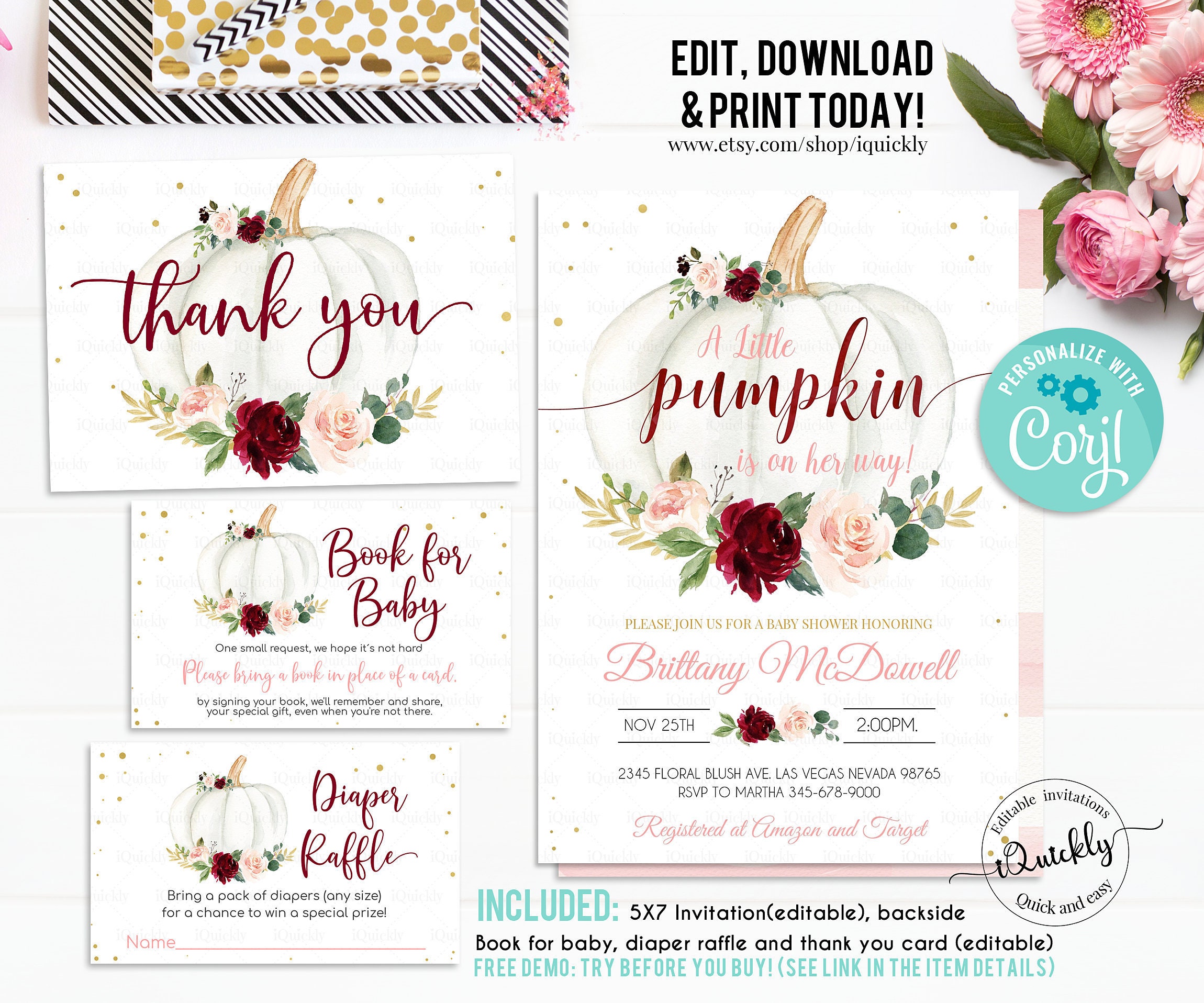 Pumpkin Baby Shower Invitation Set, EDITABLE Burgundy Pack, Little pumpkin invitations Package White pumpkin Theme Instant download Template