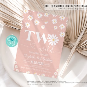 Bewerkbare Daisy Birthday Party uitnodiging Boho Daisy Wild One 2e verjaardag Boho Floral Groovy Party sjabloon Instant Download