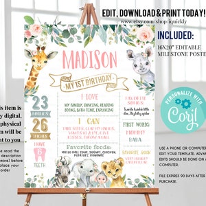 Wild One Milestone Birthday Poster, EDITABLE Safari First Birthday Chalkboard sign, Jungle 1st birthday poster Instant download template