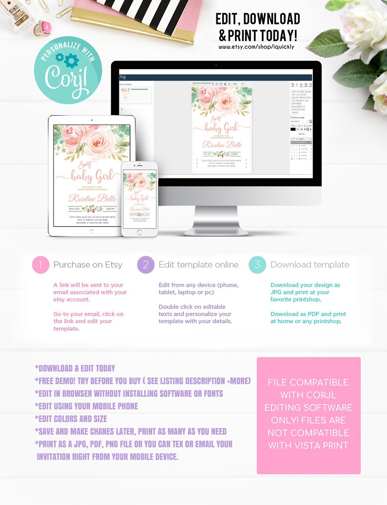 May include: A pink and green baby shower invitation template with the text "Sweet Baby Girl" and "Roseline Belle". The template is available for download and editing online.