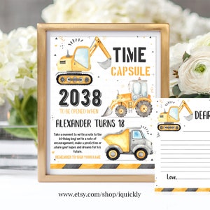 BEWERKBARE bouwtijdcapsule bijpassende notitiekaarten, dumptruck eerste verjaardag, 1e verjaardag tijdcapsule Instant download afdrukbaar