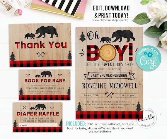 Lumberjack Baby Shower Invitation Bundle Editable, Buffalo Plaid Pack Diaper raffle, Book for Baby Set, Rustic Boy Package, Instant Download Il_570xn