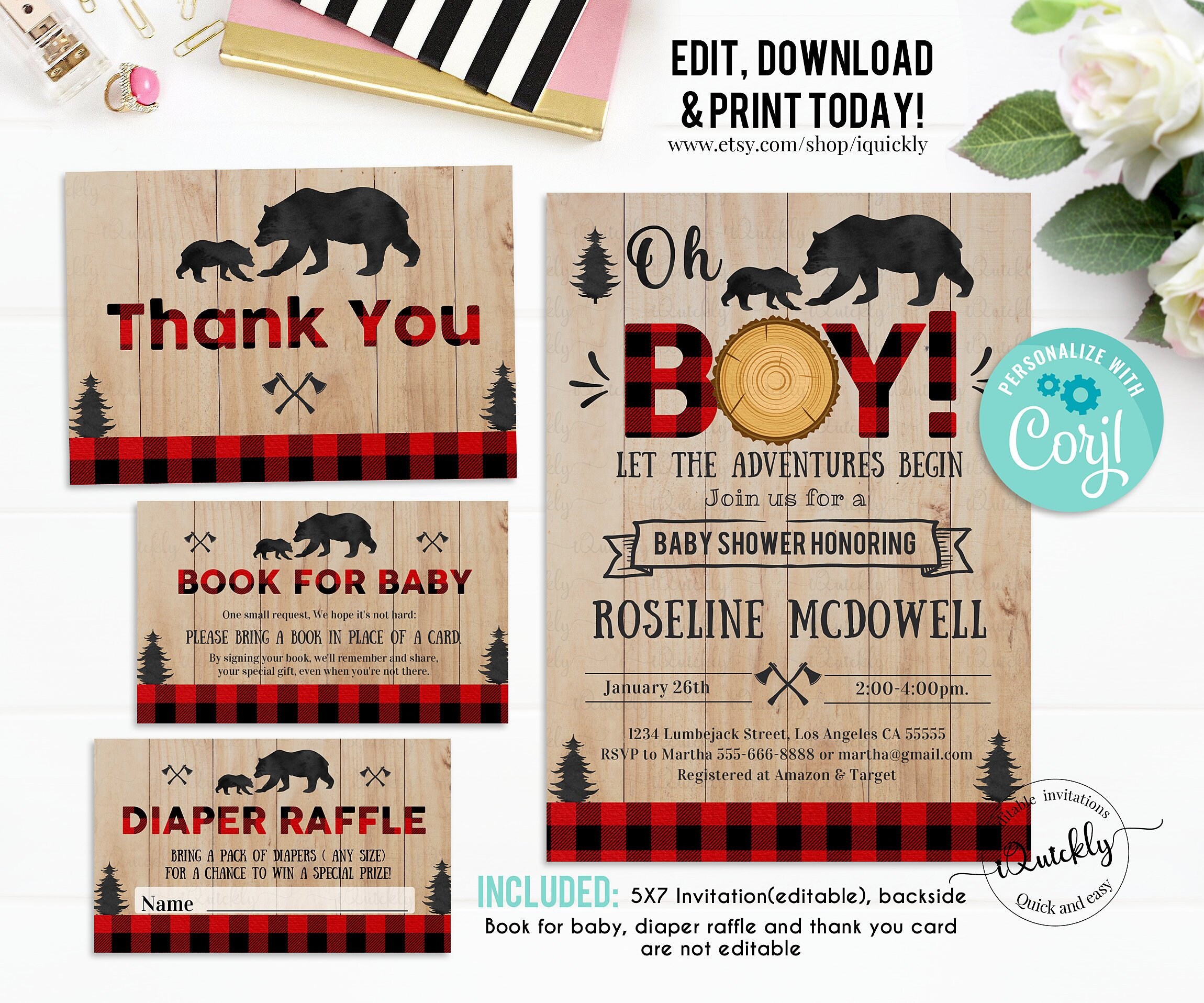 Lumberjack Baby Shower Invitation Bundle Editable Buffalo - Etsy