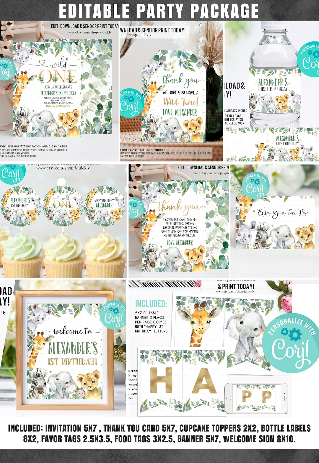 Editable Safari Party Decorations Boy Wild One Party Package