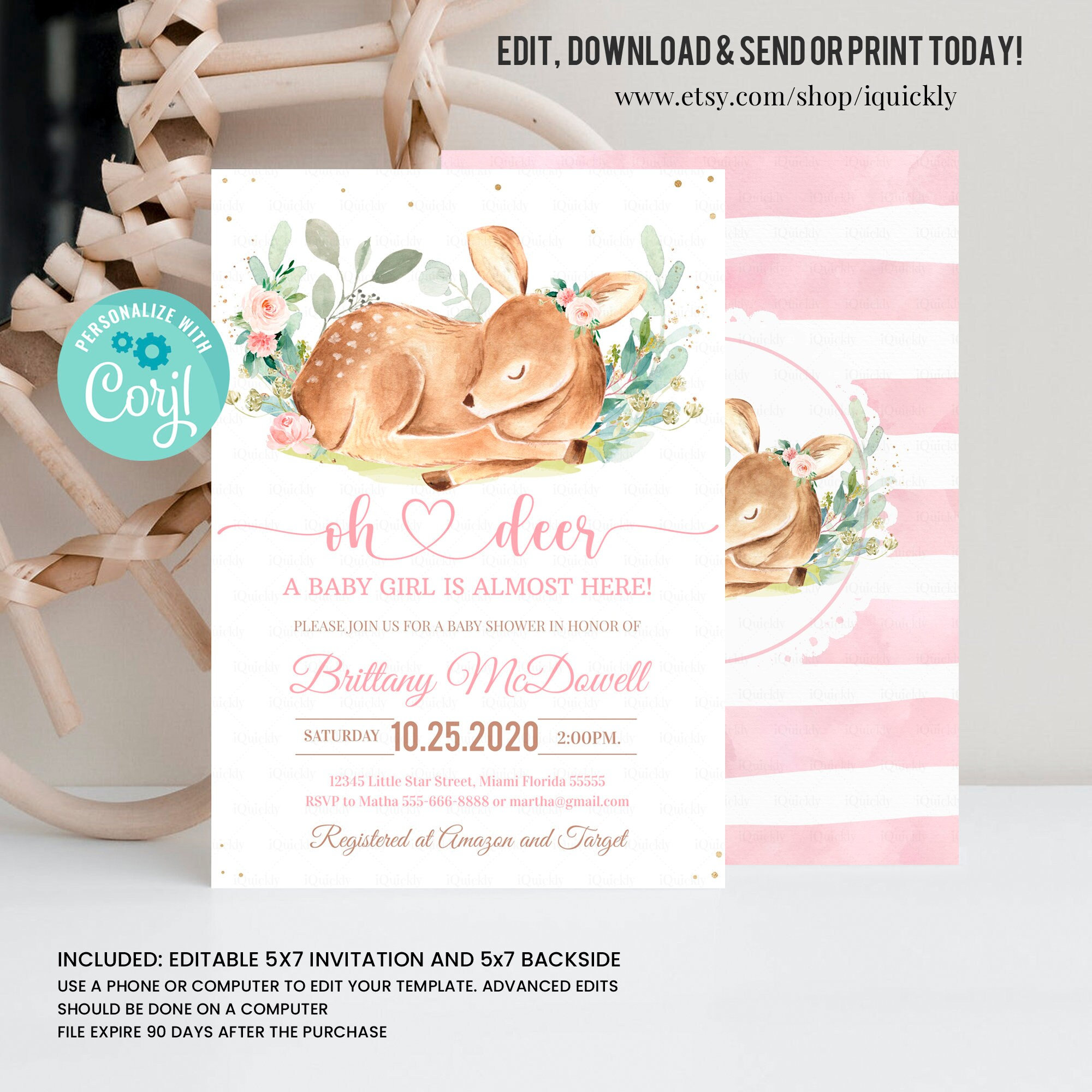Editable Oh Deer Girl Baby Shower Invitation, Floral Deer Baby shower invite, Baby girl Shower Greenery Printable template Instant download