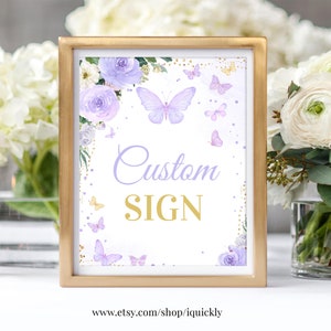 Sinal personalizado de borboleta EDITÁVEL para chá de bebê, chá de panela, sinais de aniversário, cartão de bar Momosa, presente, não diga bebê, download para impressão