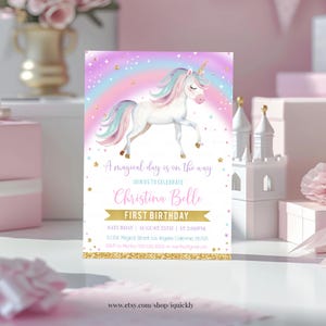 Unicorn Birthday Invitation Editable Magical Rainbow Unicorn 1st Birthday Girl Invite First Printable Template Digital Download