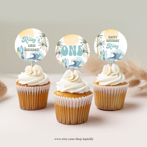 Editable The Big One Surf Cupcake toppers Surf Up Birthday Party Cake topper Boy Surfing Beach Printable Instant Download