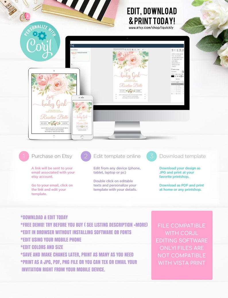 May include: A pink and green baby shower invitation template with the text "Sweet Baby Girl" and "Roseline Belle". The template is available for download and editing online.