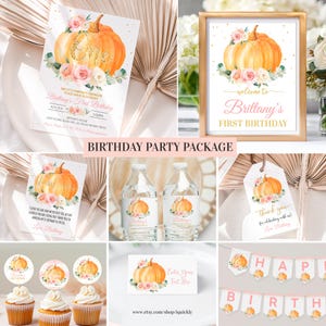 EDITABLE Pumpkin Birthday Party Bundle Floral Pink Girl Little Pumpkin Package First birthday Party Decorations Download Template PUMP3