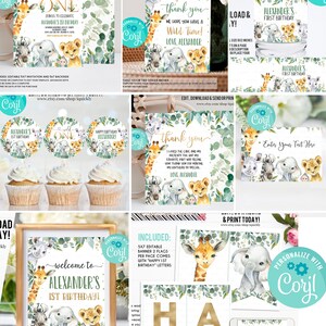 May include: Editable party package for a first birthday with a jungle theme. The package includes an invitation, thank you card, cupcake toppers, bottle labels, favor tags, food tags, banner, and a welcome sign. The design features a giraffe, elephant, lion, and zebra with green leaves and gold accents.