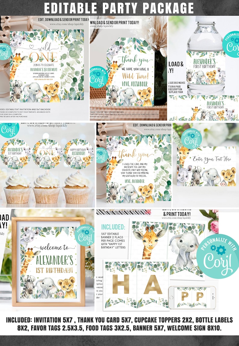 May include: Editable party package for a first birthday with a jungle theme. The package includes an invitation, thank you card, cupcake toppers, bottle labels, favor tags, food tags, banner, and a welcome sign. The design features a giraffe, elephant, lion, and zebra with green leaves and gold accents.