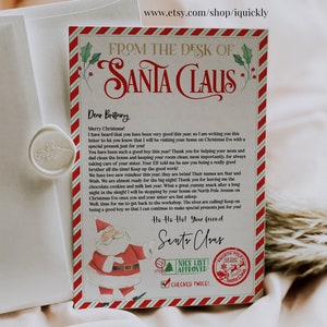 May include: A letter from Santa Claus, featuring a red and white striped border and a watercolor illustration of Santa. The letterhead reads "From the Desk of Santa Claus" and includes a wax seal and envelope.