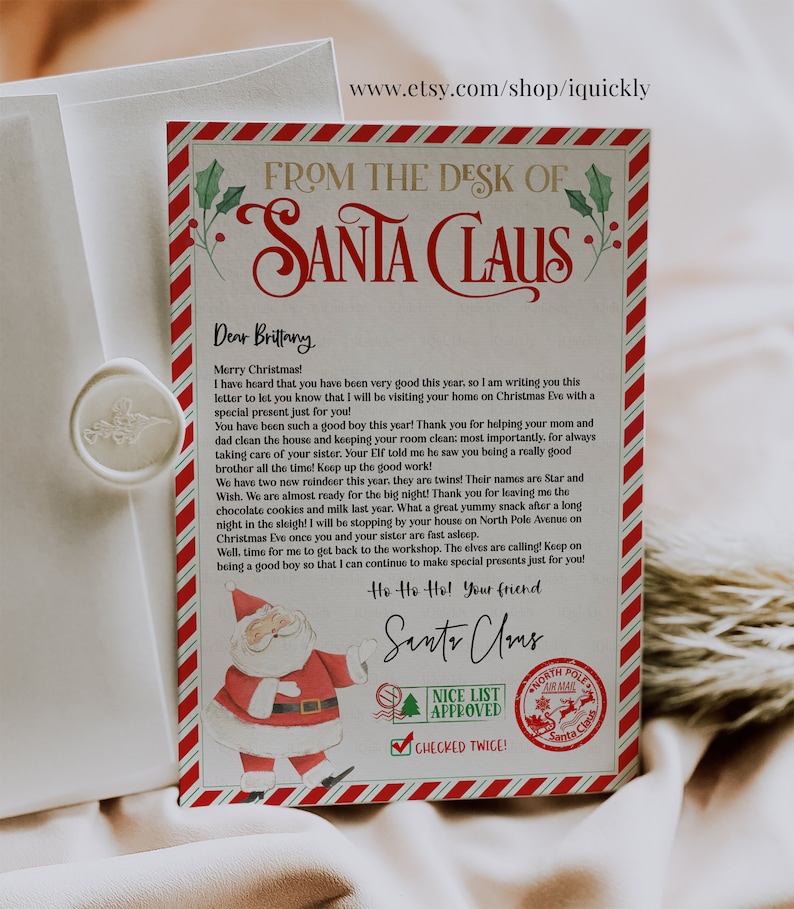 May include: A letter from Santa Claus, featuring a red and white striped border and a watercolor illustration of Santa. The letterhead reads "From the Desk of Santa Claus" and includes a wax seal and envelope.