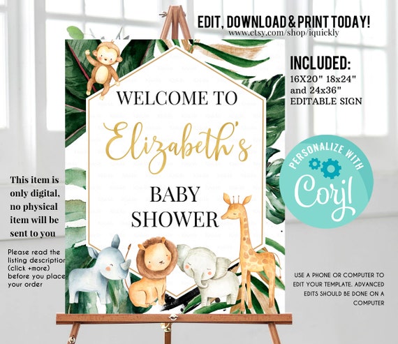 Safari Baby Shower Welcome Sign, EDITABLE, Gender Neutral, Jungle animals Birthday sign, Digital, Wild one Theme Instant download Il_570xn