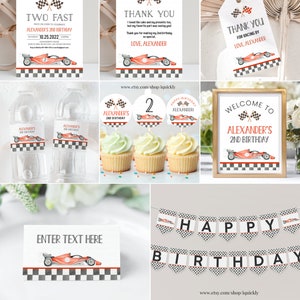 May include: Editable party package for a 2nd birthday with a race car theme. The package includes a welcome sign, cupcake toppers, water bottle labels, thank you tags, a banner, and place cards. The design features a red race car with black and white checkered flags.