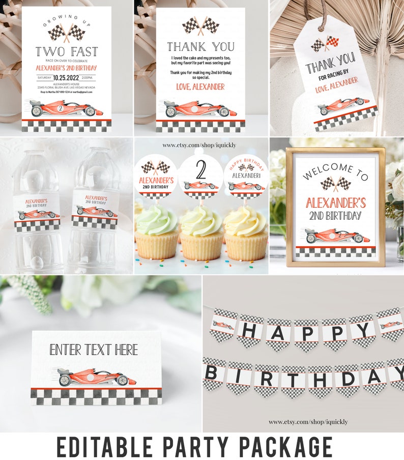 May include: Editable party package for a 2nd birthday with a race car theme. The package includes a welcome sign, cupcake toppers, water bottle labels, thank you tags, a banner, and place cards. The design features a red race car with black and white checkered flags.