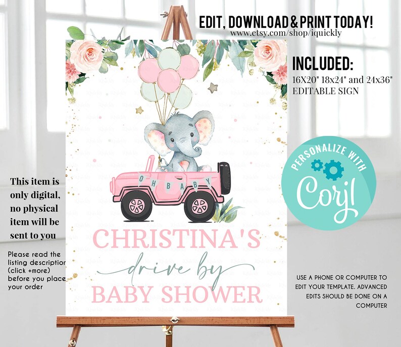 Editable Drive by Baby Shower Sign Elephant Drive Etsy
