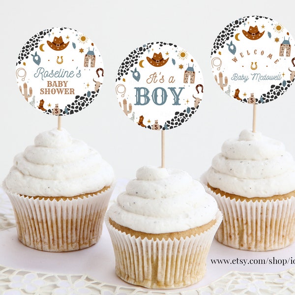 Editable Cowboy Baby shower Cupcake toppers Cake toppers Country Western Wild West Ranch Template printable Digital download C102