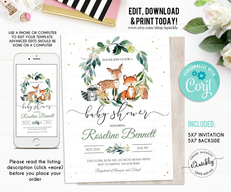 Woodland Baby Shower Invitation, EDITABLE, Gender Neutral, woodland animals invitations, Digital, Woodland Theme Invites Instant download 