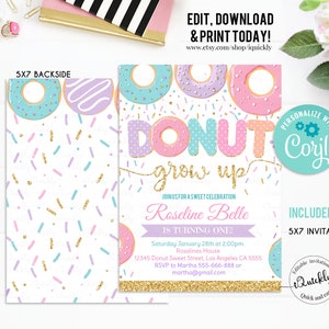 EDITABLE Donut Grow Up Birthday Invitation, Donut Grown Up Invite Donut 1st Birthday Party Invitations doughnut Girl invite Instant Download image 2