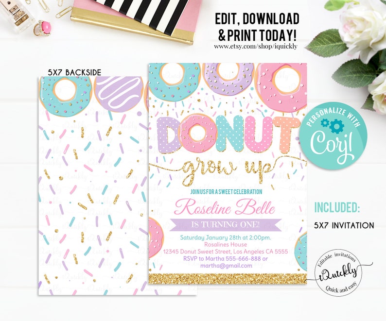 EDITABLE Donut Grow Up Birthday Invitation, Donut Grown Up Invite Donut 1st Birthday Party Invitations doughnut Girl invite Instant Download image 2