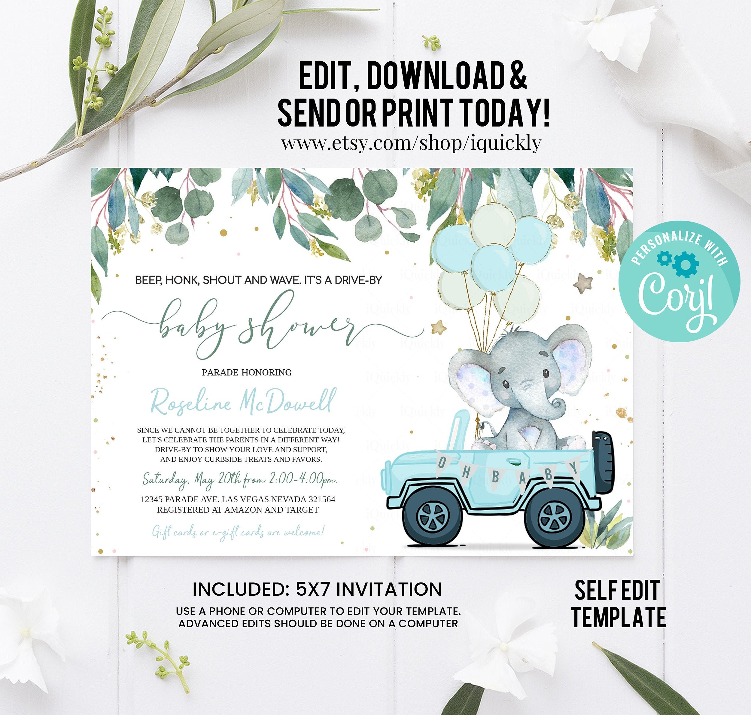 Drive Through Baby Shower Instant Download Boy Drive By Baby Shower Invitation Digital Editable with Corjl Printable Invitation
