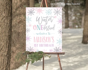 EDITABLE Winter Onederland Welcome sign Snowflake Birthday Sign Decorations Pink blue purple Instant download Templates Printable Winter07