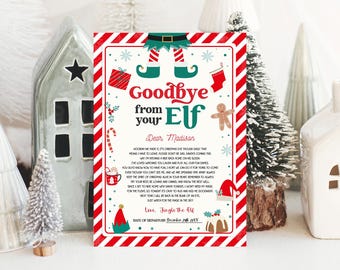 May include: A Christmas-themed letter from an elf, featuring red and green accents. The text reads "Goodbye from your Elf" and includes a personalized message to "Madison." Decorative elements include snowflakes, a gingerbread man, and a candy cane.