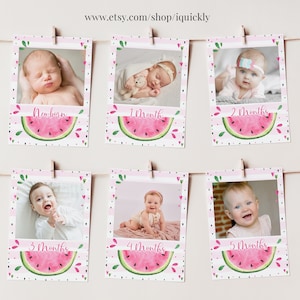 Puede incluir: Un conjunto de seis tarjetas de fotos rosas y verdes con ilustraciones de sandía. Cada tarjeta presenta un hito de edad diferente, desde recién nacido hasta cinco meses, con espacio para una foto. Las tarjetas son perfectas para documentar el primer año de un bebé.