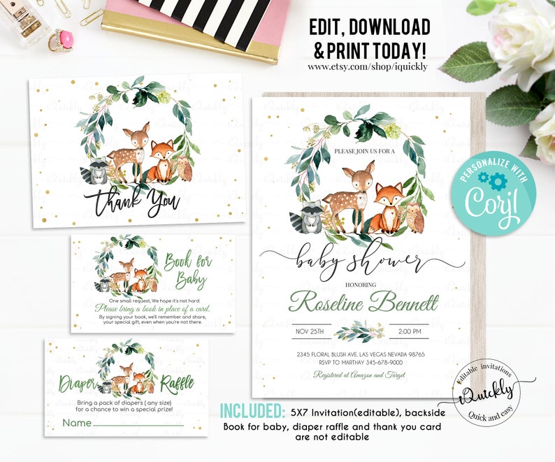 Woodland Baby Shower Favor tags EDITABLE, Gender Neutral, woodland animals Thank you tags, Gift tags Woodland Theme Invites Instant download image 3