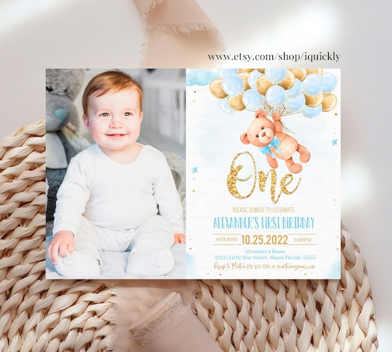 Editable Teddy Bear Birthday Invitation Bear Themed Invite,1st Birthday Bear with Balloons Invitations template digital Instant download Il_570xn