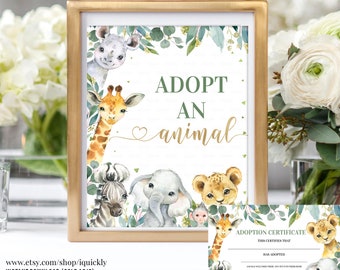 Safari Adopt an animal Sign and Certificate Jungle Birthday Party Stuffed animal Adoption Wild Birthday Printable digital Instant download