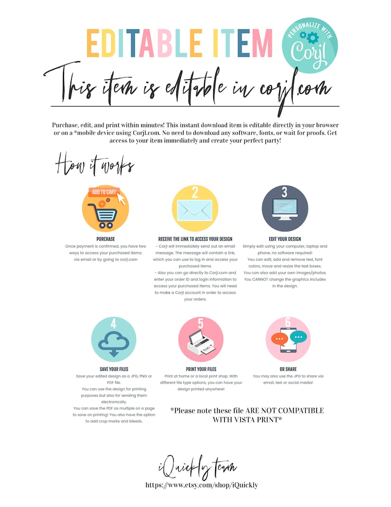 May include: An informational graphic with the text "EDITABLE ITEM" and "This item is editable in corjl.com." It details how to purchase, edit, and print a design. Includes icons for purchase, design access, editing, saving, printing, and sharing.