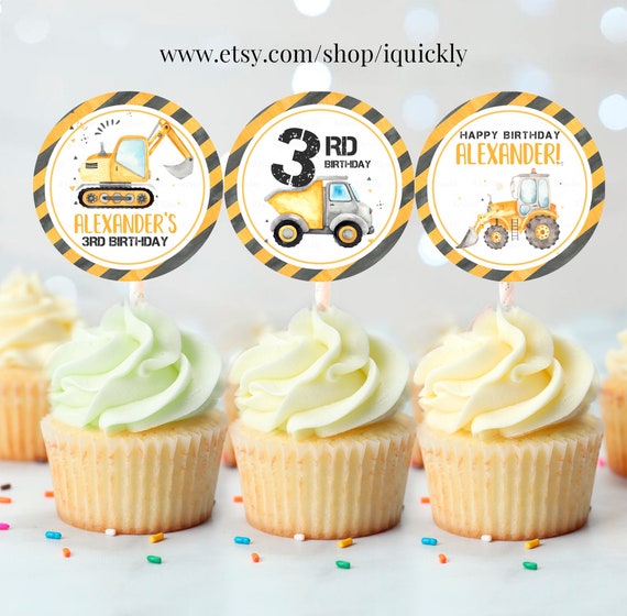 Editable Construction Birthday Cupcake toppers, Construction Party Cake