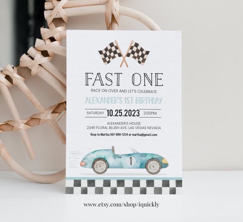 Fast One Racing Car First Birthday Invitation 1st Birthday Invitation Racing Car Vintage Racecar Invite Printable Template Instant Download imagem 3