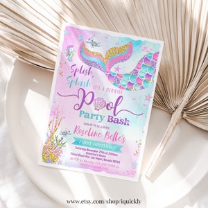 Editable Mermaid Birthday Invitation Pool Party Mermaid Invite Under the Sea Birthday Oneder the sea Printable Template Digital Download
