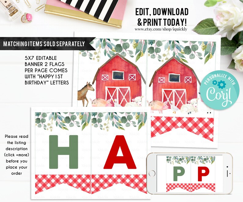 EDITABLE Farm Banner Happy Birthday Banner Boy Printable 1st - Etsy