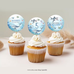 May include: Three cupcakes decorated with blue and white ocean-themed cupcake toppers. The toppers feature a shark, a whale, and the number 5. The text on the toppers reads "Alexander's 5th Birthday" and "Happy Birthday Alexander".