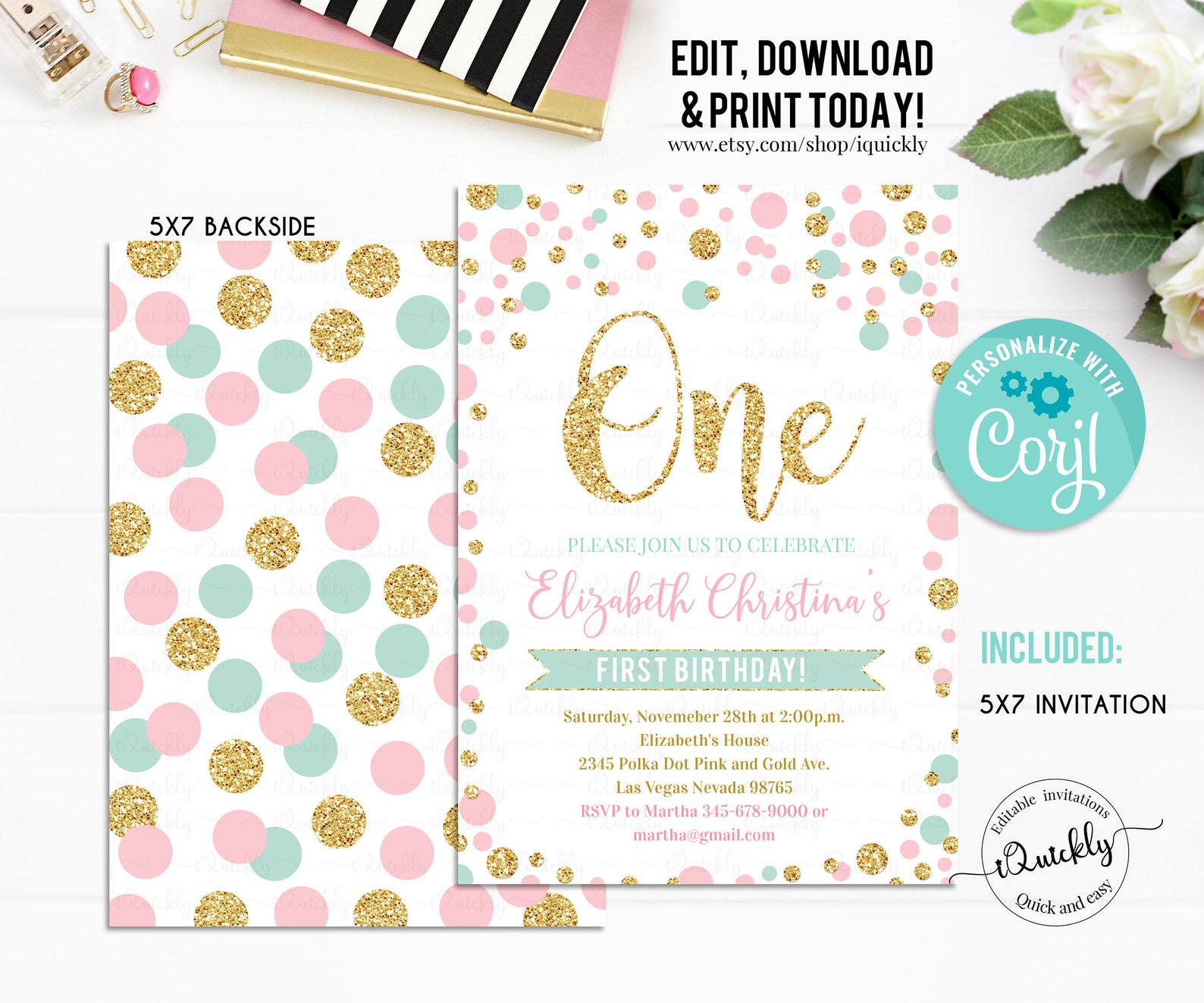 EDITABLE Pink Gold Mint First Birthday Invitation Confetti Etsy