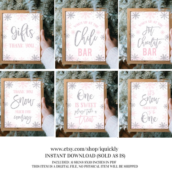 Winter Onederland Signs Set, Snowflake Winter Wonderland Party Sign Suite Pink and Silver Instant Download