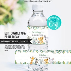 May include: Water bottle label with a jungle animal theme. The label is green and gold with a white background. The text on the label reads "Brittany's Baby Shower".