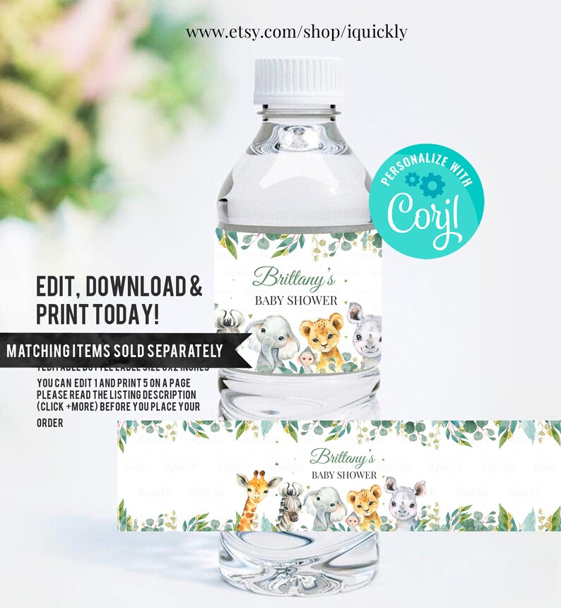 May include: Water bottle label with a jungle animal theme. The label is green and gold with a white background. The text on the label reads "Brittany's Baby Shower".