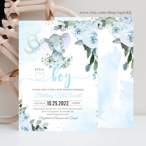 MODIFICABILE Invito per baby shower con elefante blu Modello stampabile per invito per baby shower per ragazzo Download immediato