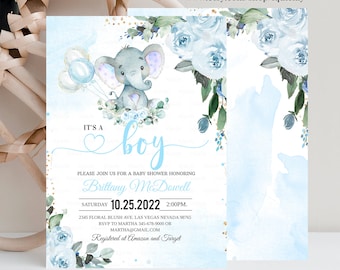 EDITABLE Blue Elephant Baby Shower Invitation Boy Baby Shower Elephant Invite Printable Template Instant Download