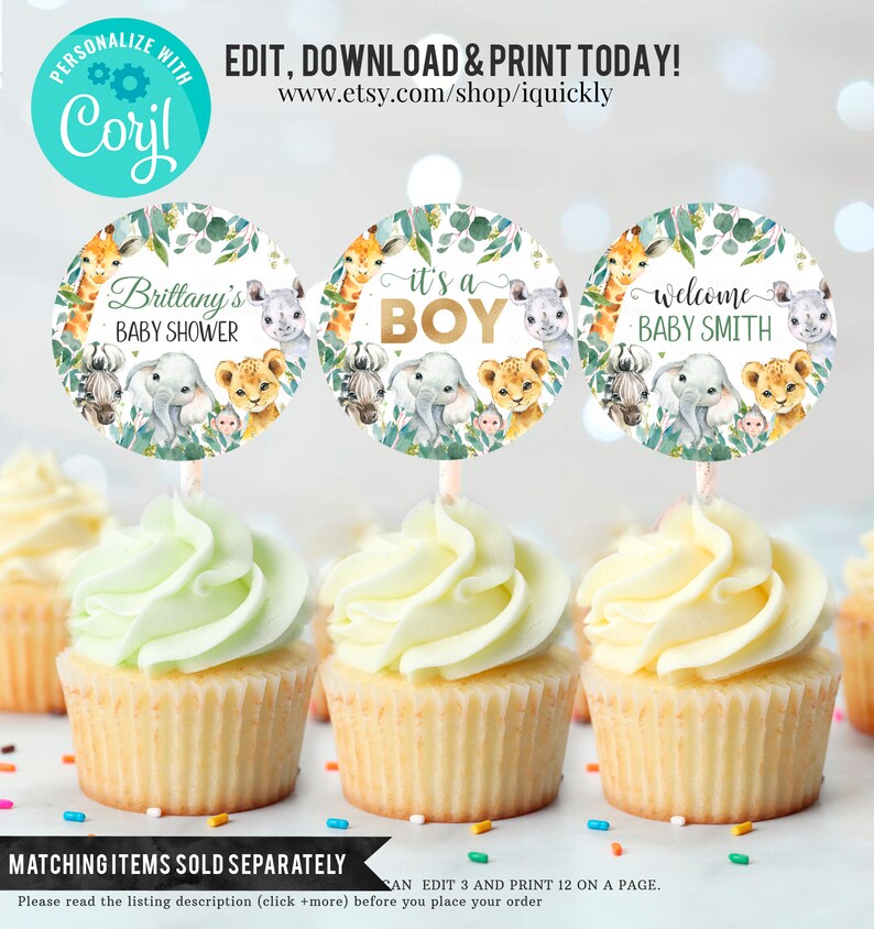 May include: Three round cupcake toppers with a jungle animal theme. The toppers feature a giraffe, elephant, and lion with green leaves and a white background. The text on the toppers reads "Brittany's Baby Shower", "It's a Boy", and "Welcome Baby Smith".