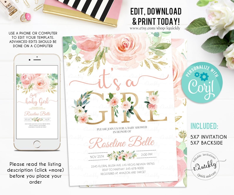 EDITABLE Invitation Blush Pink Floral Baby Shower Invitation It’s a girl Printable Baby Shower Invite Template, Sweet Girl Instant Download 