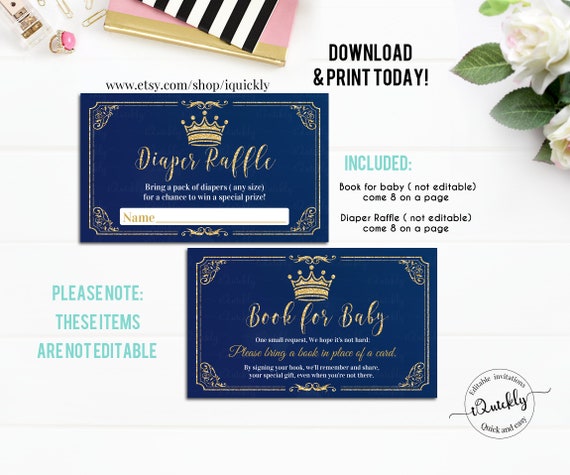 Diaper Raffle and Book for baby Prince Baby Shower, Boy Shower bring a book, Navy Gold insert Instant Download Digital Il_570xn