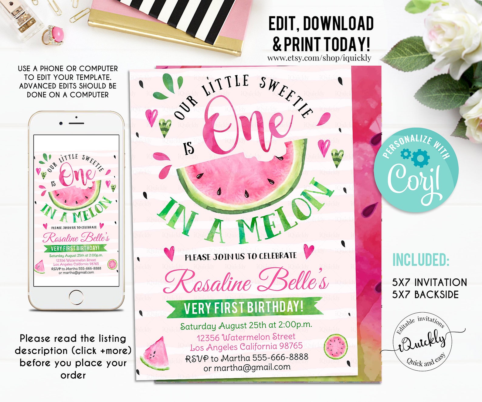Editable Watermelon Party Package, One in a Melon Party Decorations ...